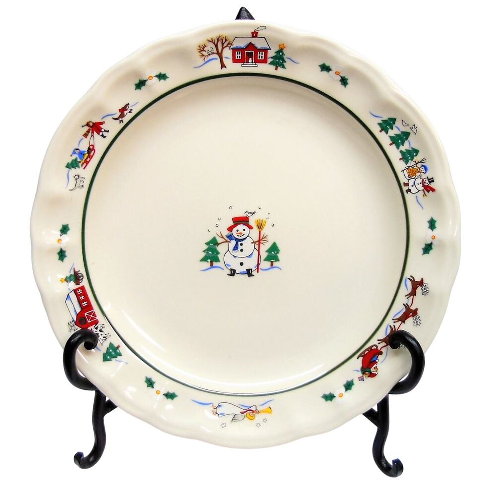 Pfaltzgraff Christmas Dinner Plate 11" Stoneware Snow Village Santa Snowman Barn